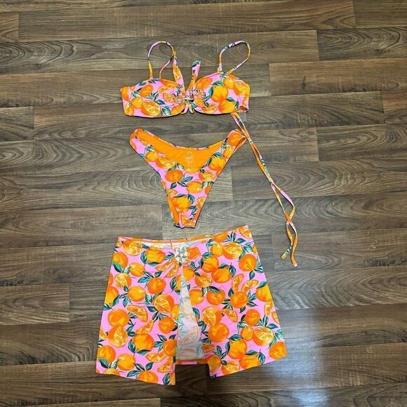 FN 3 Piece Pink Oranges Bikini Cover Up - Picture 1 of 2